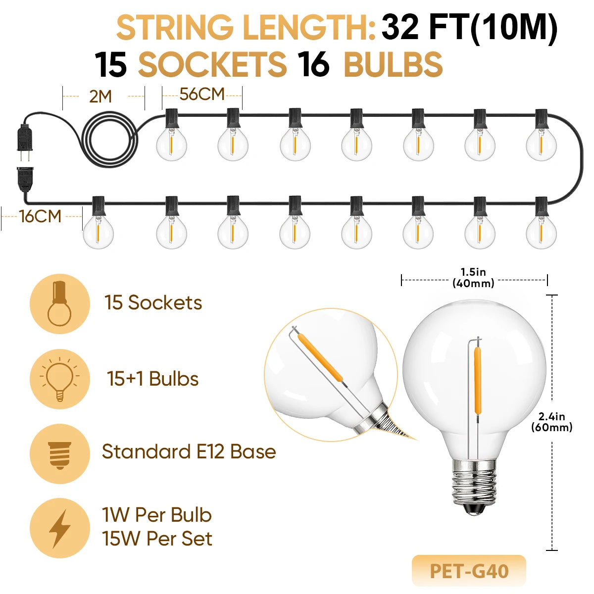 Shatterproof G40 String Light 220V 110V Led Outdoor Lights Garland E12 Waterproof Connectable Festoon Decoration Camping Light