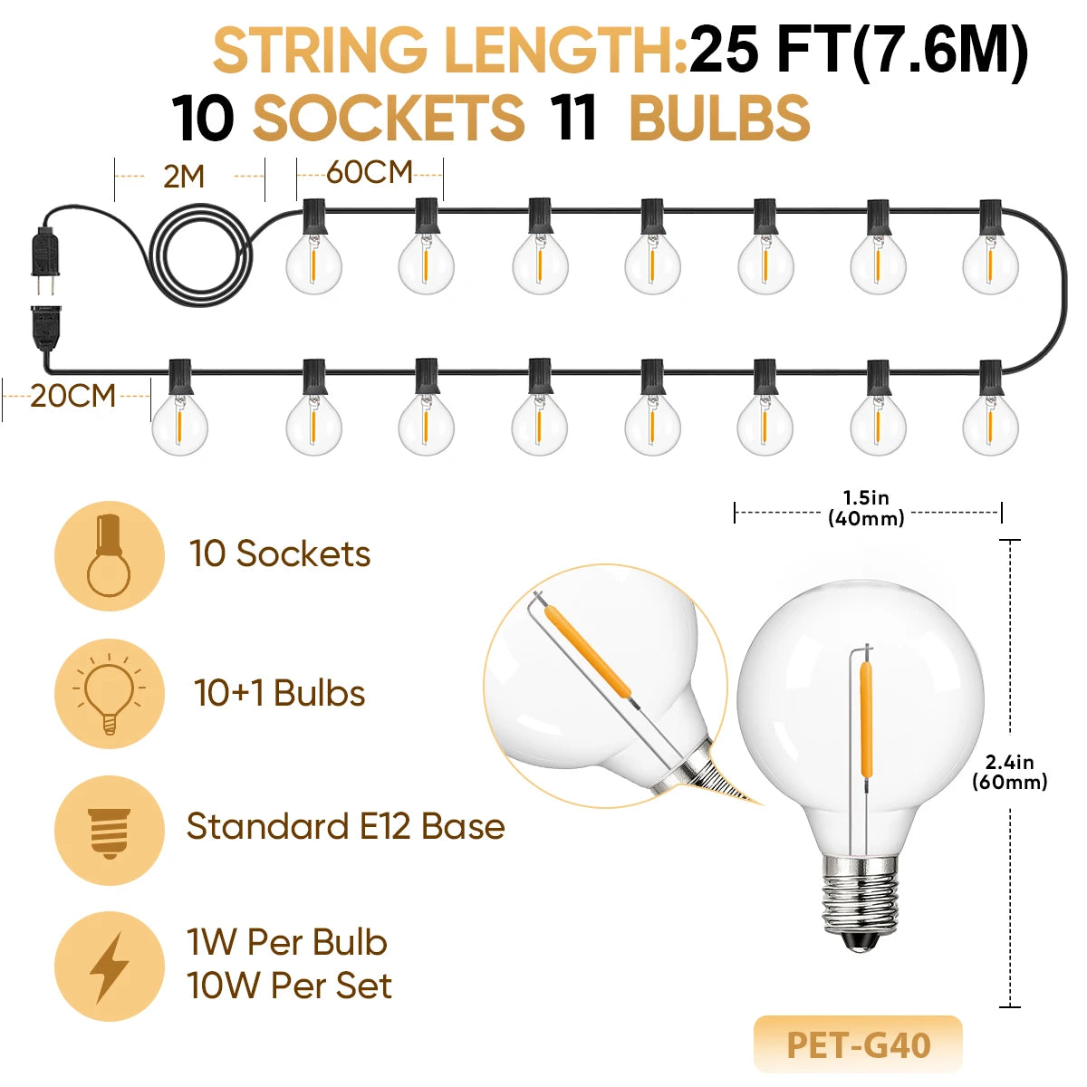 Shatterproof G40 String Light 220V 110V Led Outdoor Lights Garland E12 Waterproof Connectable Festoon Decoration Camping Light