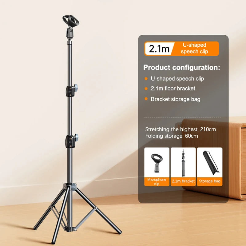 Microphone Boom Tripod Stand 1.7 2.1M Mic Tripod Bracket 66CM Crossbar Arms With Clip And Phone Holder