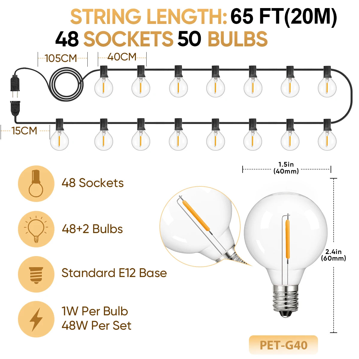 Shatterproof G40 String Light 220V 110V Led Outdoor Lights Garland E12 Waterproof Connectable Festoon Decoration Camping Light