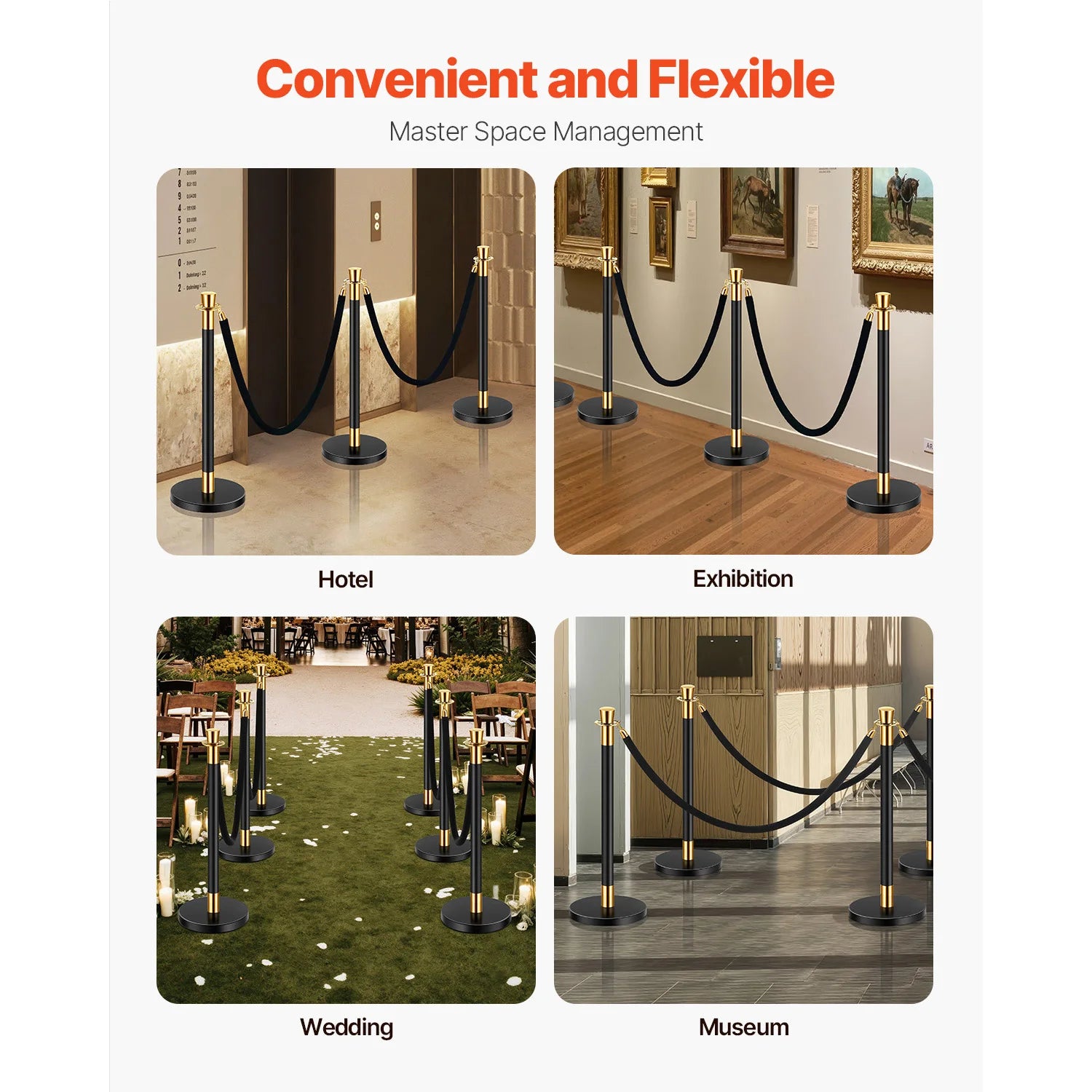 SucceBuy Stanchions 6 Pcs Crowd Control Barriers 4 Velvet Ropes Stainless Steel Stanchion Post Queue w/ Fillable Base for Party