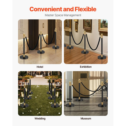 SucceBuy Stanchions 6 Pcs Crowd Control Barriers 4 Velvet Ropes Stainless Steel Stanchion Post Queue w/ Fillable Base for Party
